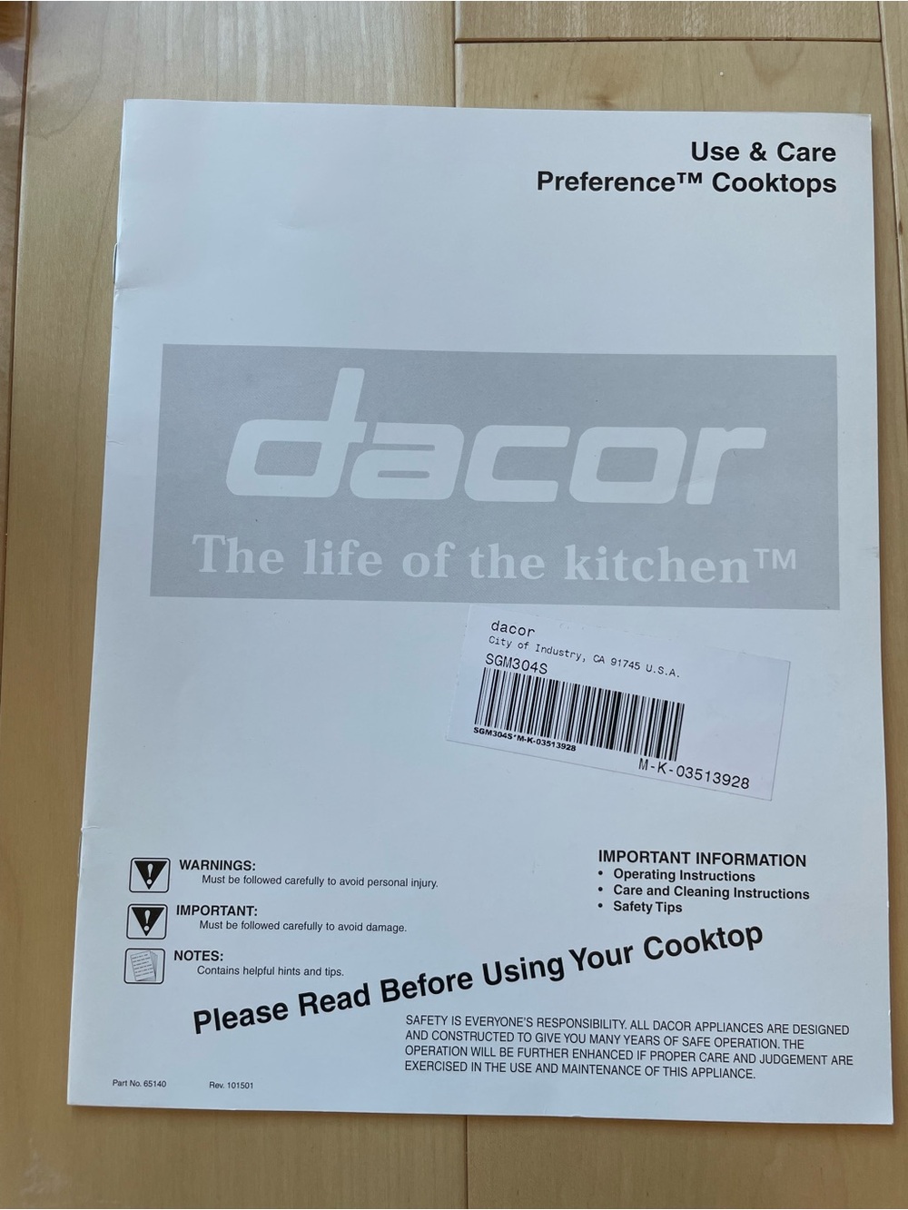 Dacor Preference Cooktops Use & Care Manual – SGM304S User Guide